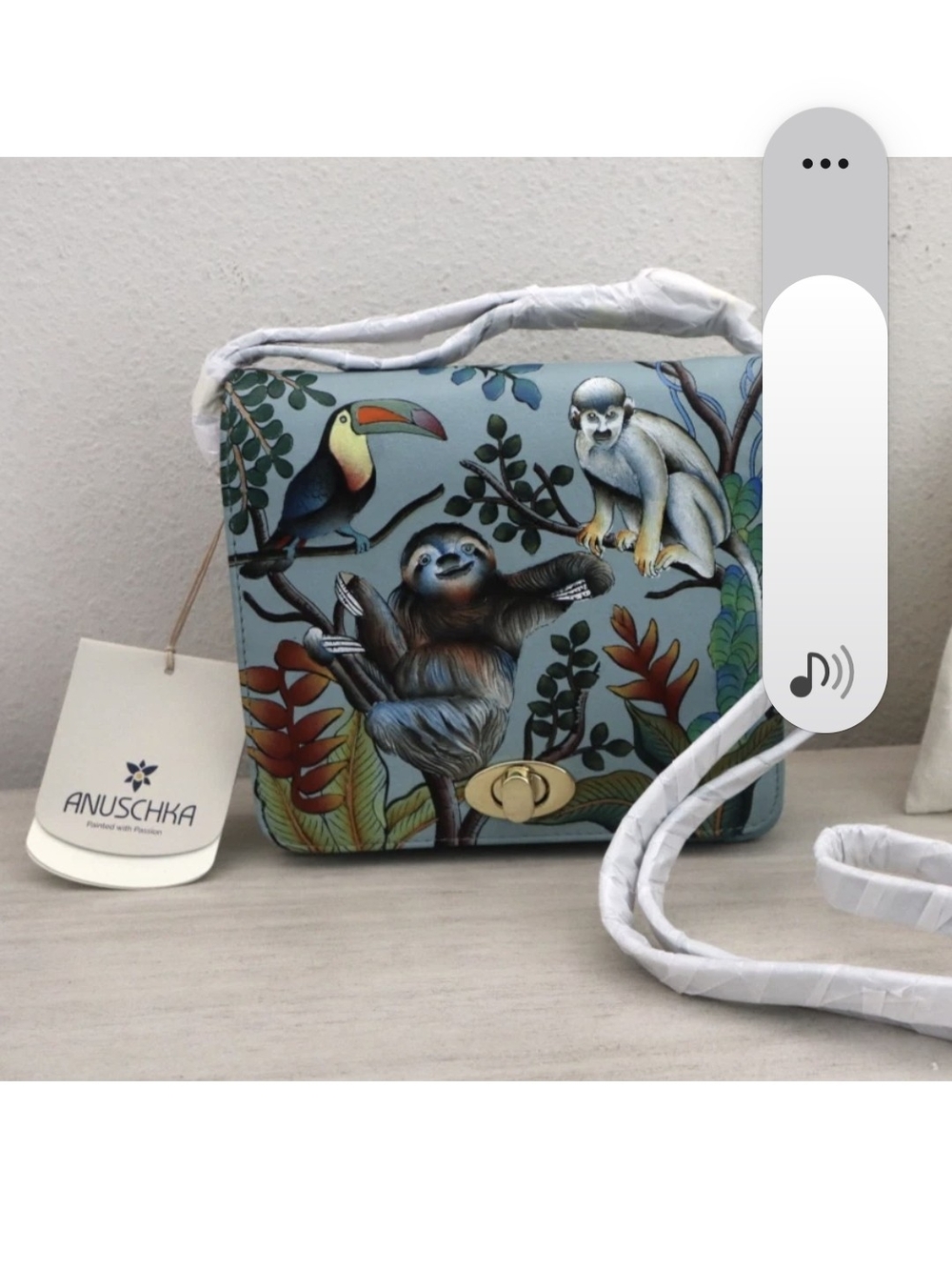 Anuschka Hand-Painted Wildlife Crossbody Bag in Sky Blue.Sloth Bag